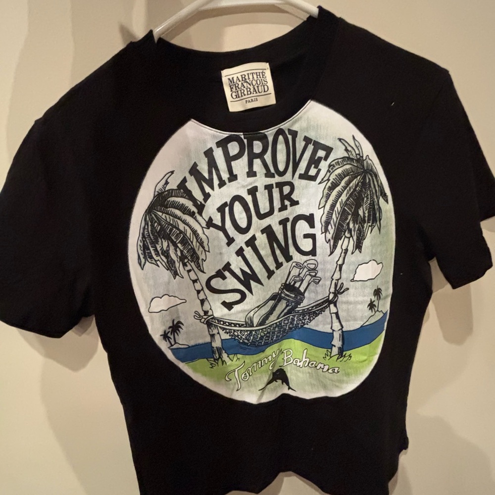NWOT: Marithe Francois Girbaud Improve Your Swing Print Black Short Slee…